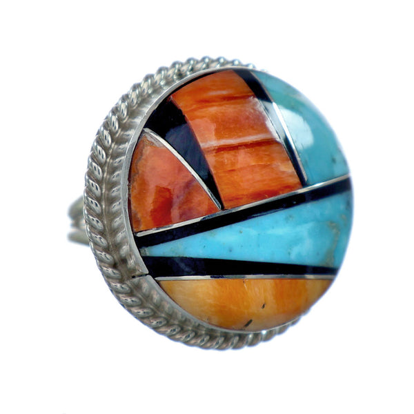 Native American Sterling Silver Multicolor Inlay Ring Size 8-3/4 NN20659